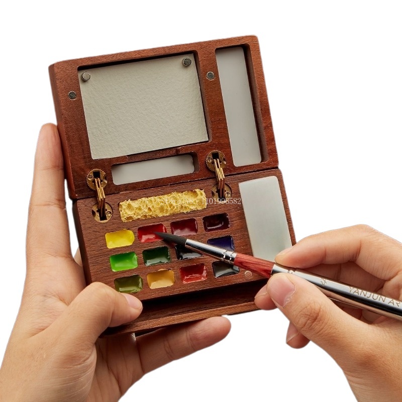 Gouache Paint Set - Reisschilderdoos Massief houten verfdoos Draagbaar kunstpalet