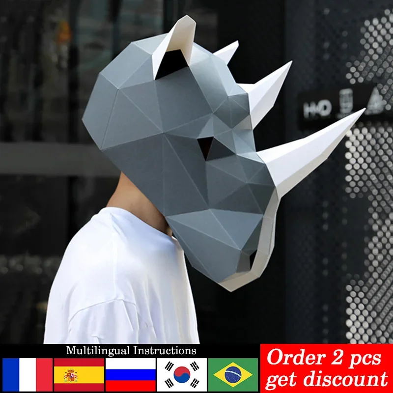 Art Craft Cardboard - Neushoorn Volwassen Hoofdmasker Papieren Model, 3D